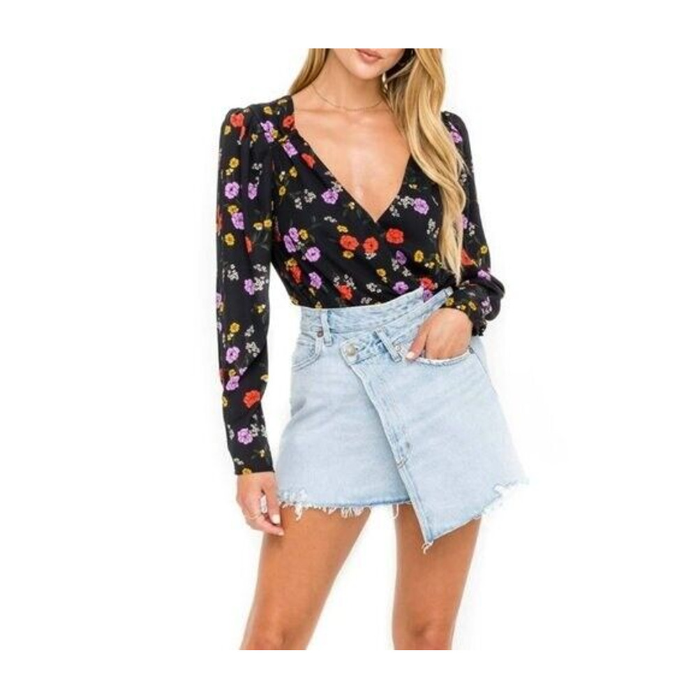 ASTR Bodysuit Womens Size XS Black Floral Print Top Faux Wrap Puff Shoulder